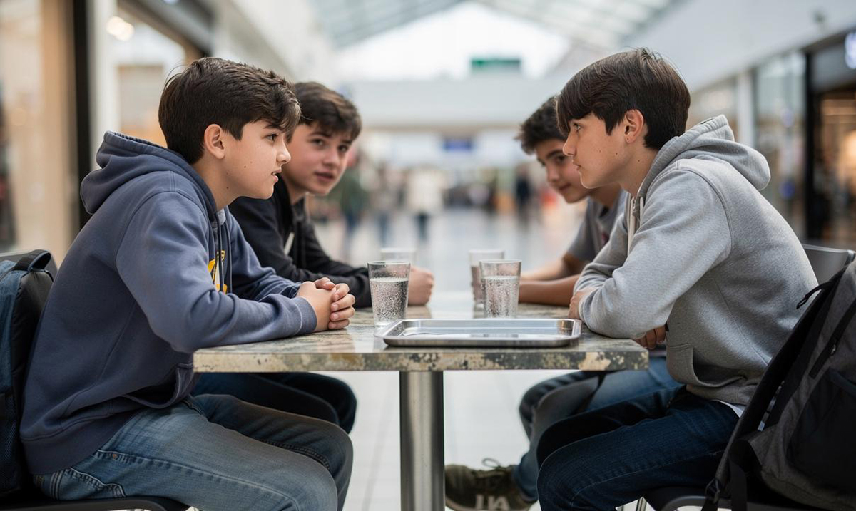 Četvorica tinejdžera sede za stolom u tržnom centru i razgovaraju