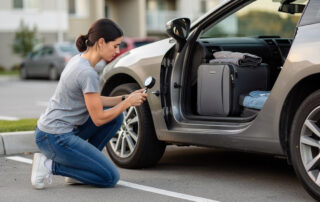 Žena kleči pored automobila i meri pritisak u točku dok su otvorena vrata sa koferom